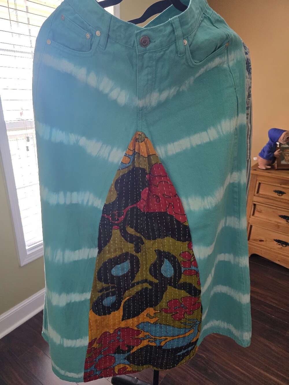 Mango Turquoise Tie-Dye A-Line Midi Skirt with Multicolor Patch